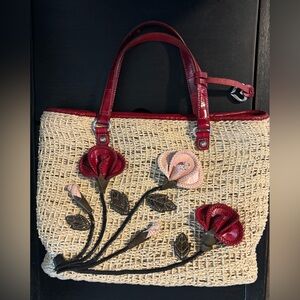 Brighton Patricia DEEP RED Elegant Floral Soft Straw Tote w/ pink Accents